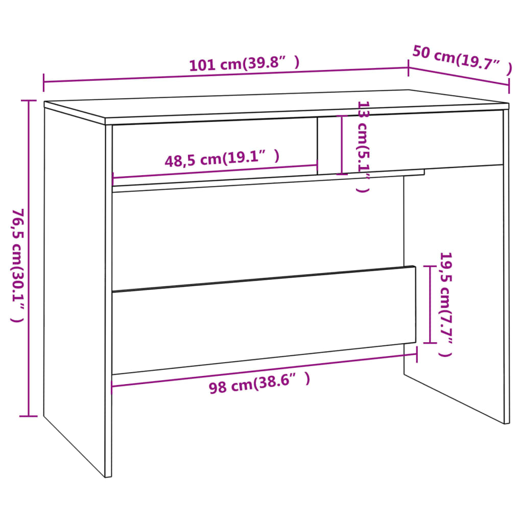 809557 vidaXL Desk White 101x50x76,5 cm Engineered Wood