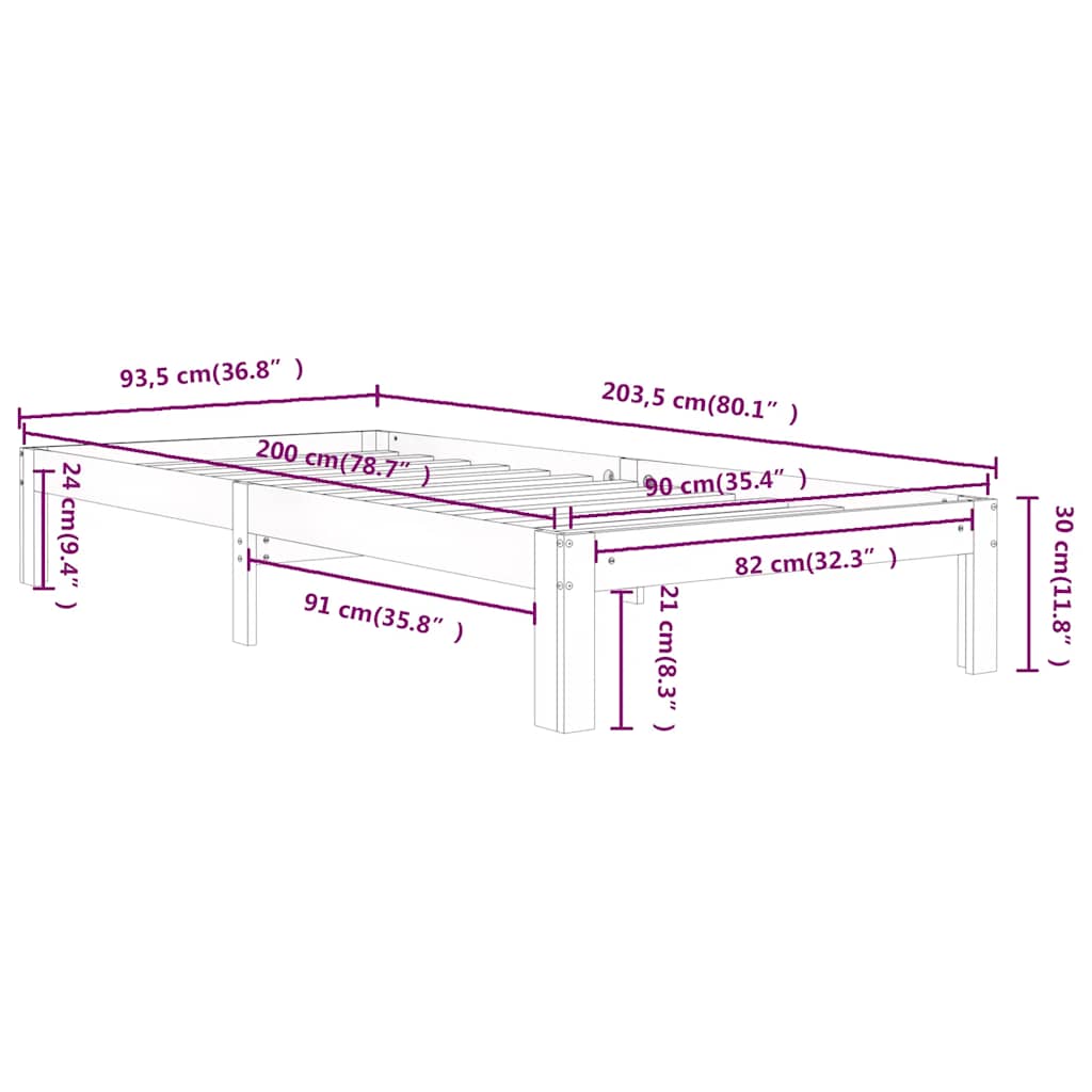 Bed Frame without Mattress Solid Wood Pine 90x200cm