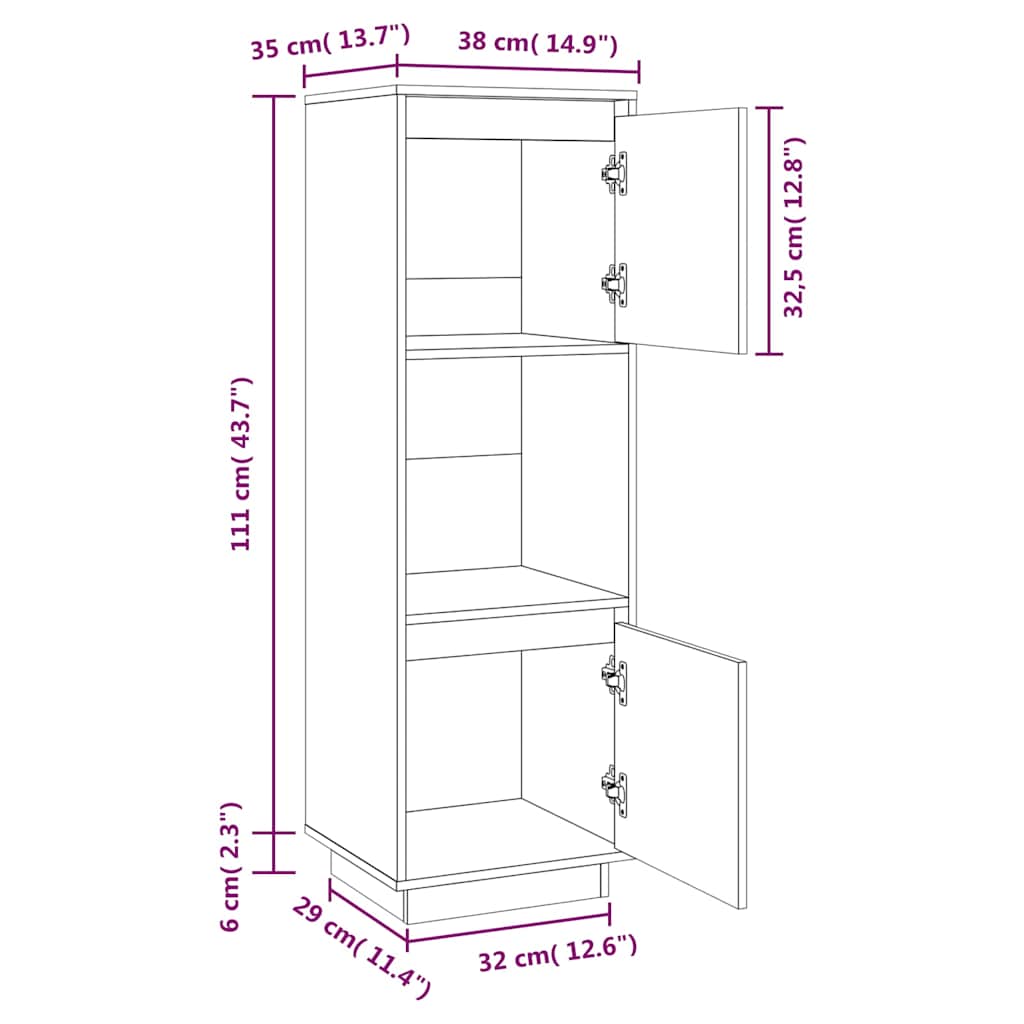 Highboard White 38x35x117 cm Solid Wood Pine