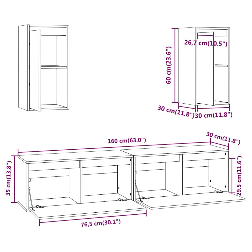 4 Piece TV Cabinet Set White Solid Wood Pine