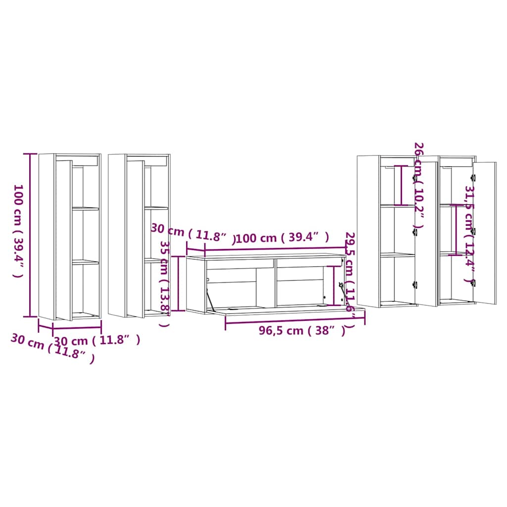 5 Piece TV Cabinet Set White Solid Wood Pine