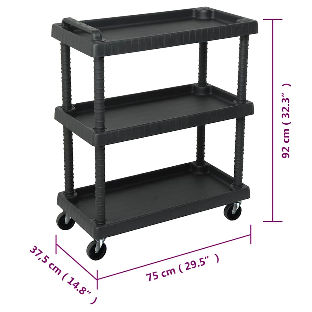 151828 vidaXL 3-Tier Workshop Tool Trolley Black 75x37,5x92 cm PP
