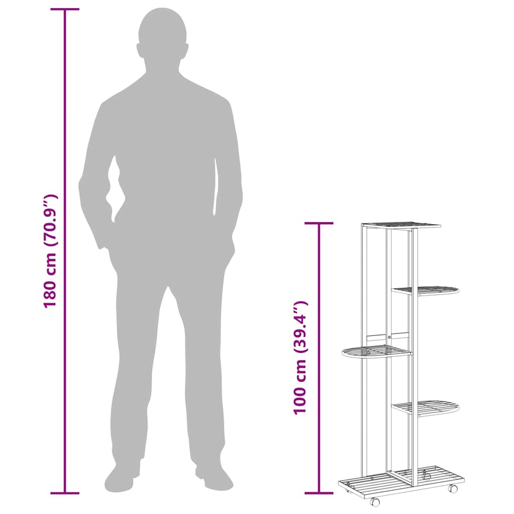 5-Floor Flower Stand with Wheels 44x23x100 cm White Iron