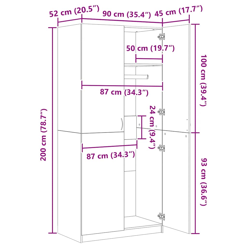 815355 vidaXL Wardrobe Grey Sonoma 90x52x200 cm Engineered Wood