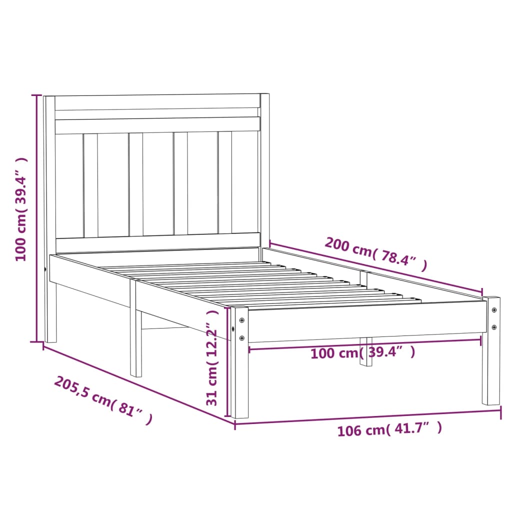 Bed Frame | White | Solid pine wood | Single | Bed Frame | Rectangular