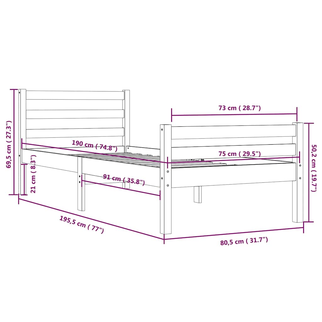 Bed Frame without Mattress Honey Brown Solid Wood 75x190 cm Small Single