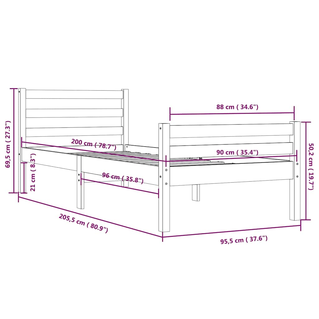 Bed Frame without Mattress Solid Wood 90x200 cm