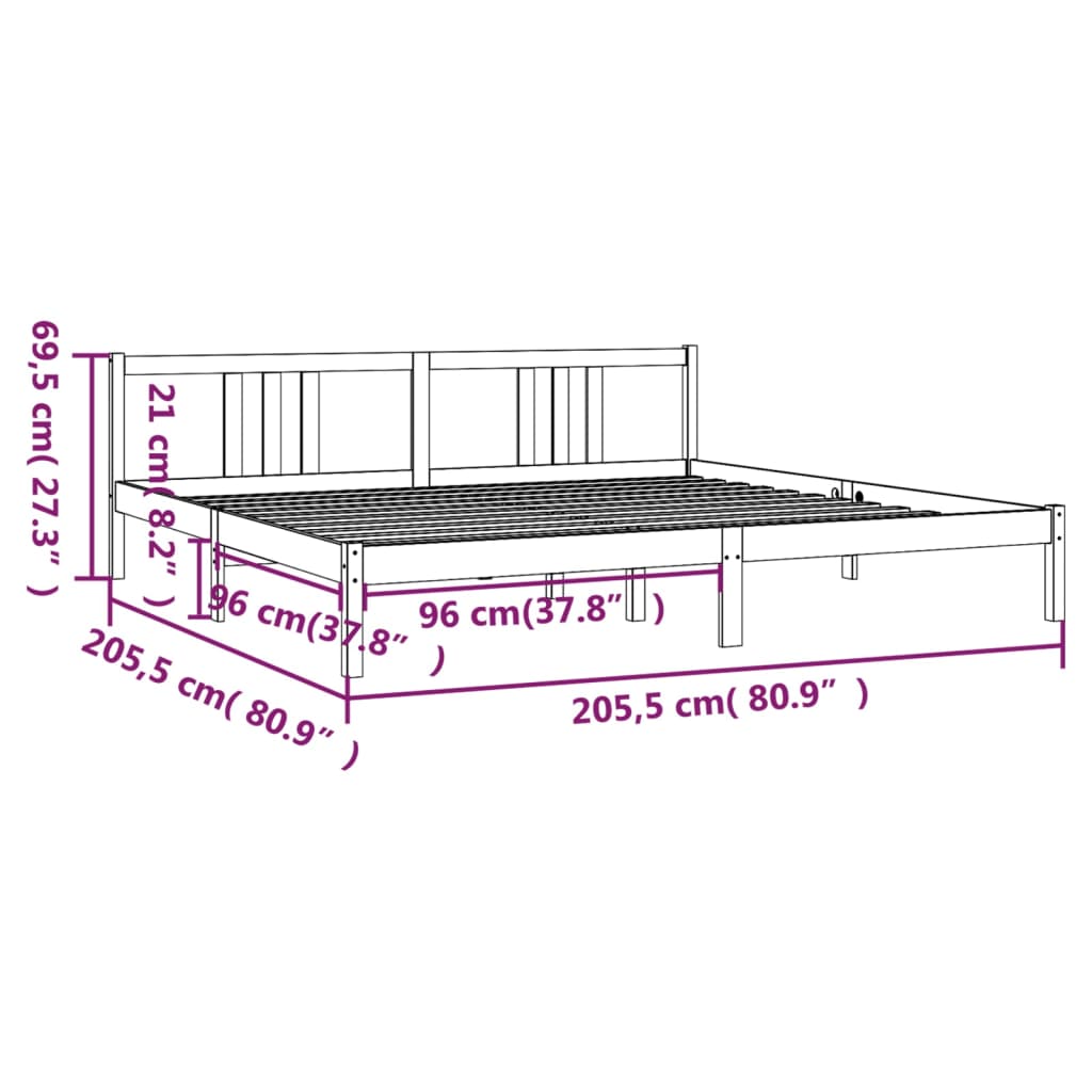 Bed Frame | Grey | Solid Pinewood | 200x200 cm | Bed Frame | Rectangular