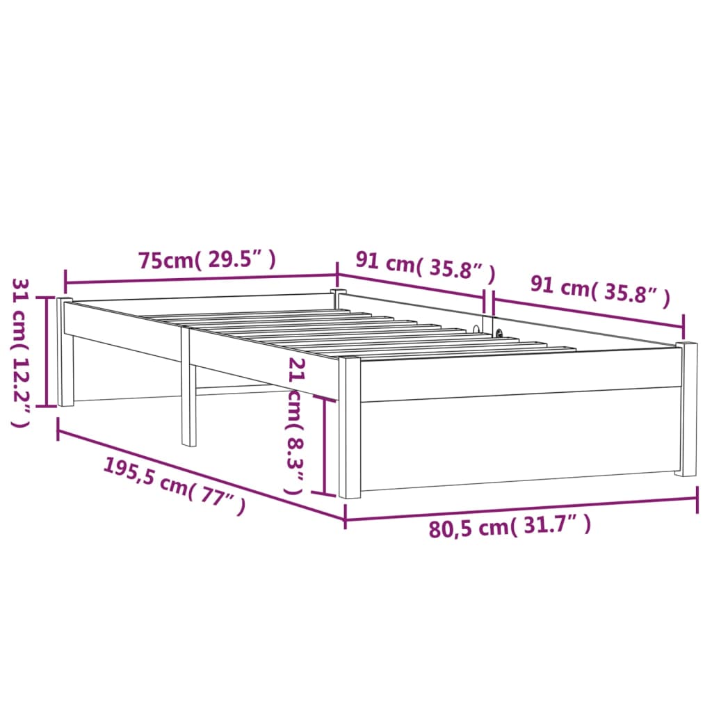 Bed Frame without Mattress Black Solid Wood 75x190 cm Small Single