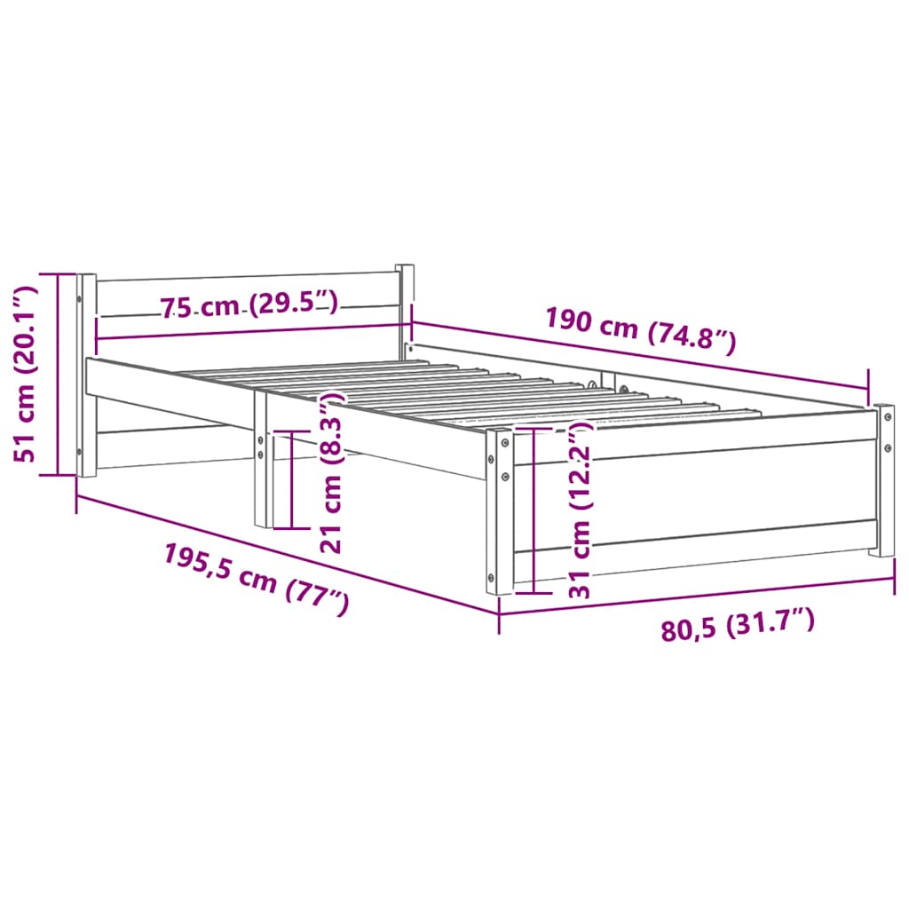 Bed Frame without Mattress Honey Brown Solid Wood 75x190 cm Small Single