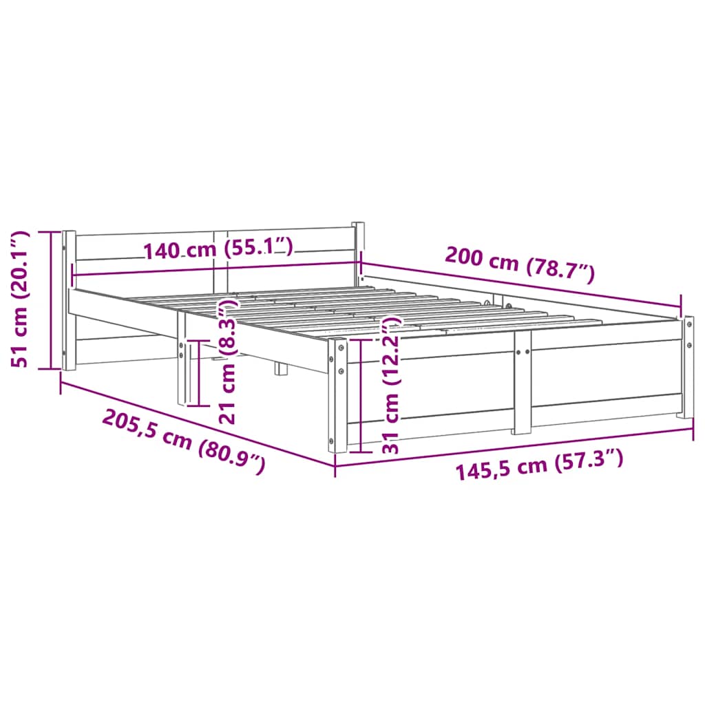 Bed Frame without Mattress White Solid Wood 140x200 cm