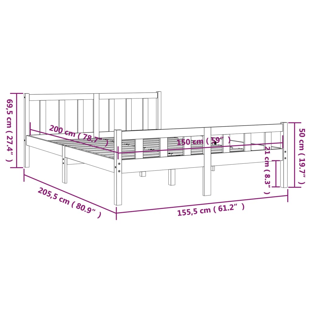 Bed Frame | White | Solid Pine Wood | King Size | Durable | Bed Frame