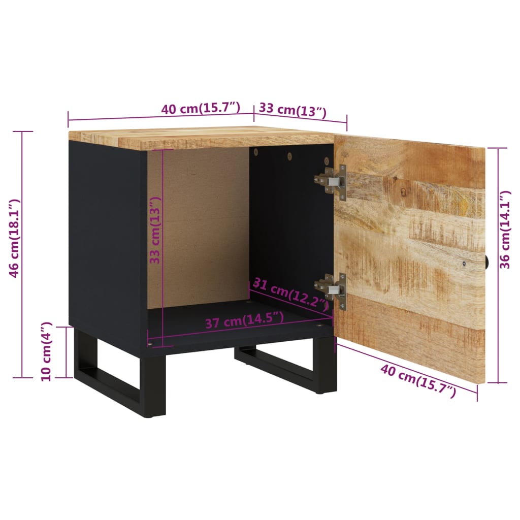 Bedside Cabinet | Black, Natural Wood | Solid Mango Wood, Iron | Compact