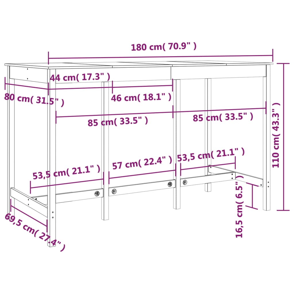 Bar Table White 180x80x110 cm Solid Wood Pine