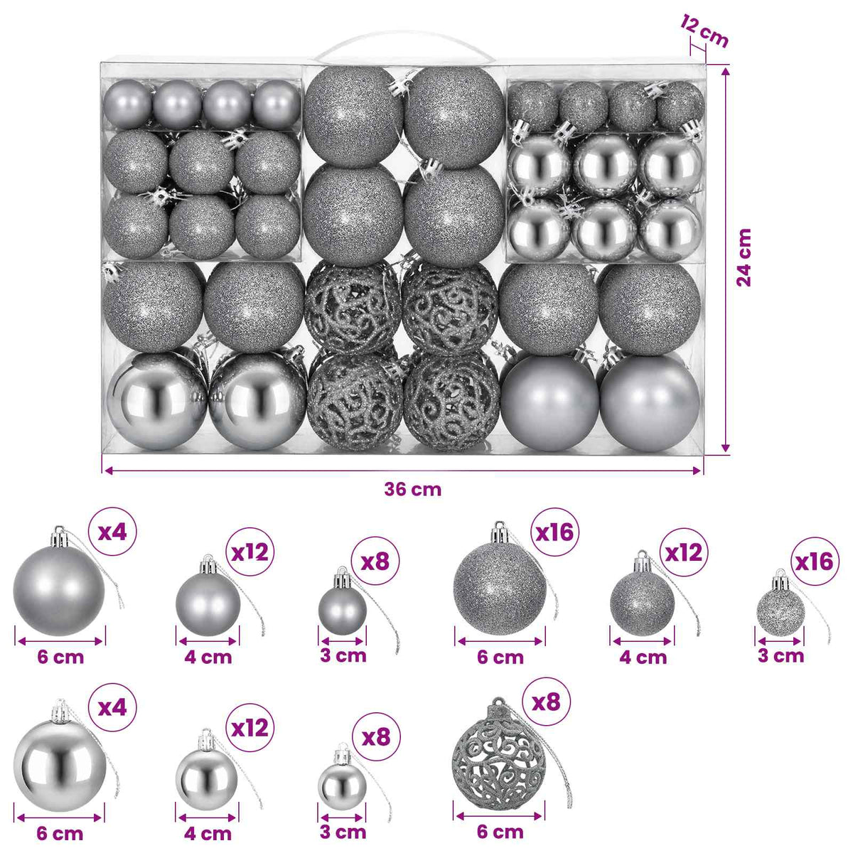 Christmas Baubles 100 pcs Grey 3 / 4 / 6 cm