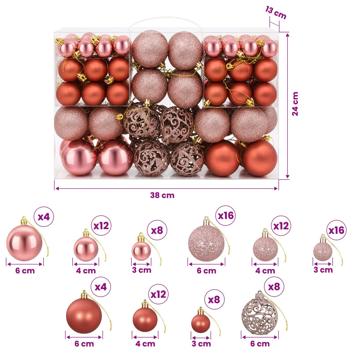 Christmas Baubles 100 pcs Pink and Rose 3 / 4 / 6 cm