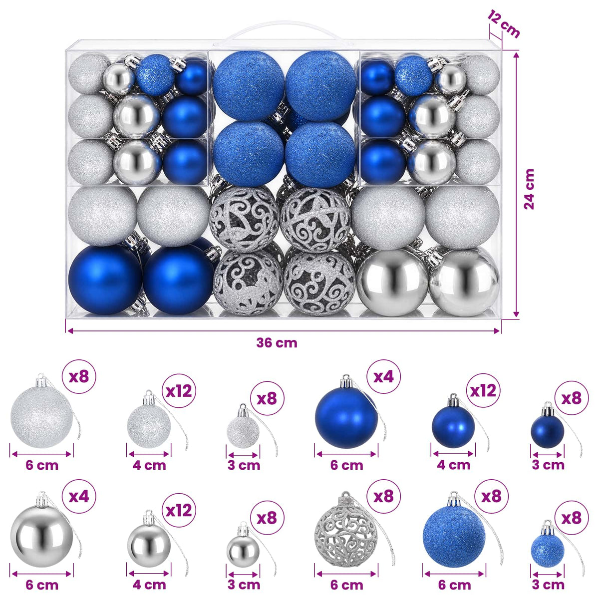 Christmas Baubles 100 pcs Blue and Silver 3 / 4 / 6 cm