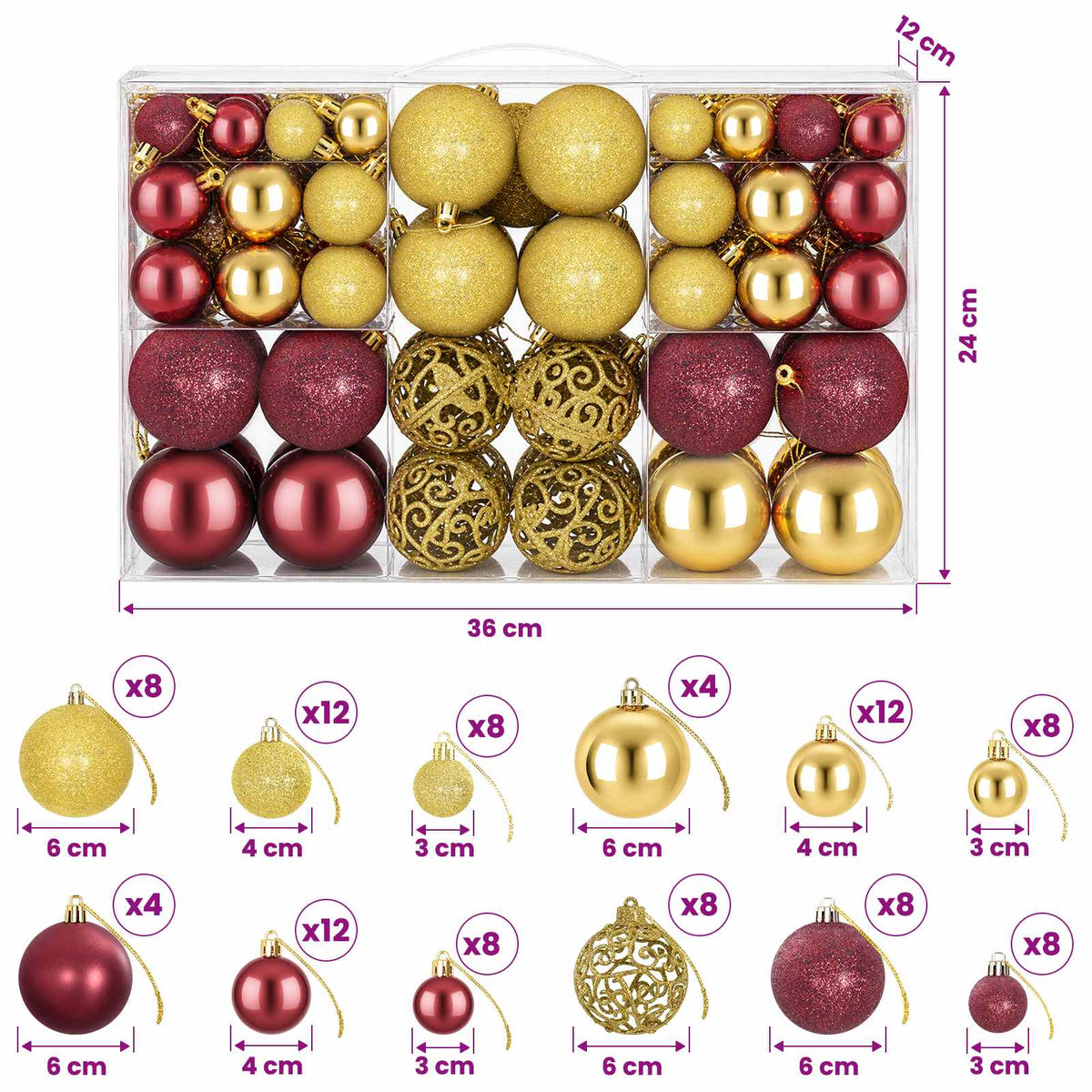 Christmas Baubles 100 pcs Gold and Wine Red 3 / 4 / 6 cm