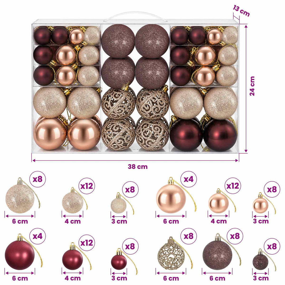Christmas Baubles 100 pcs Champagne and Brown 3 / 4 / 6 cm