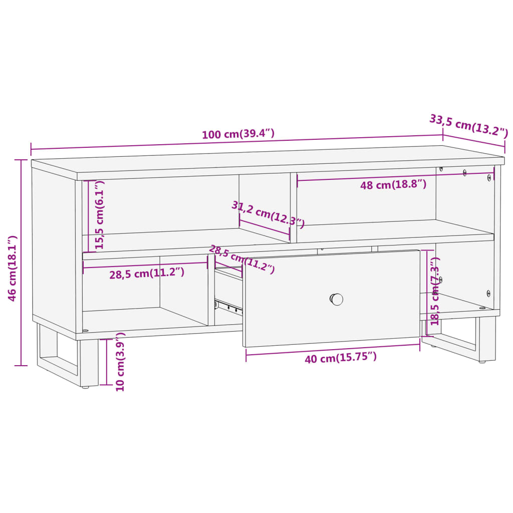 TV Cabinet Brown and Black 100x33,5x46 cm Solid Wood Mango