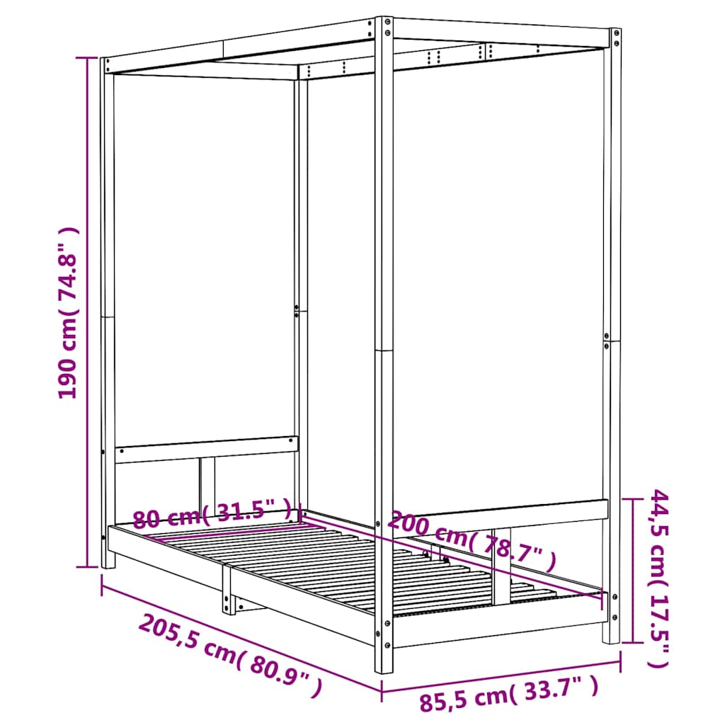 Kids Bed Frame Black 80x200 cm Solid Wood Pine