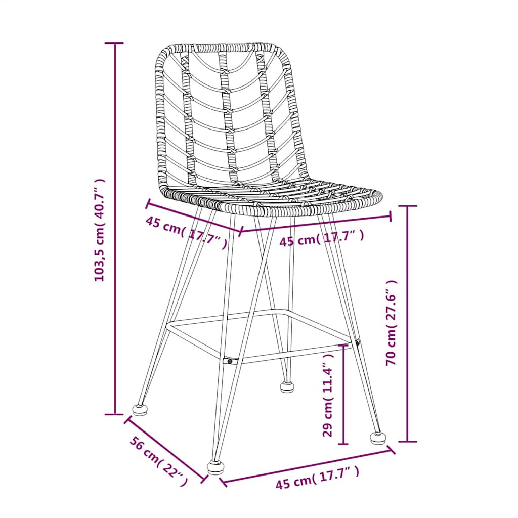 Bar Stool | Set of 2 | Black | Steel, polyethylene rattan | Standard