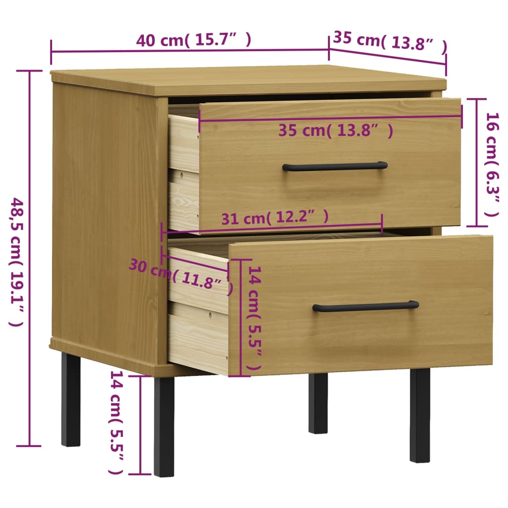Bedside Cabinet with Metal Legs Brown Solid Wood Pine "OSLO