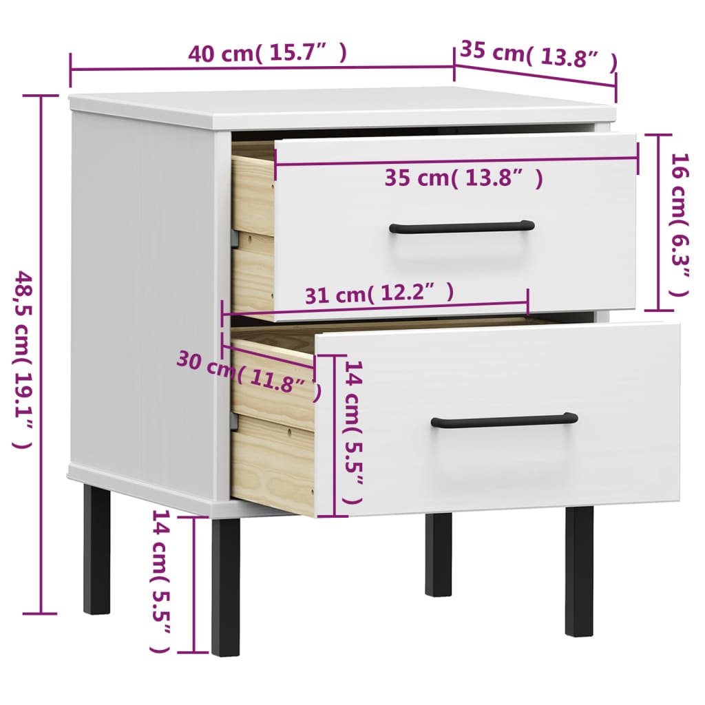 Bedside Cabinet with Metal Legs White Solid Wood Pine "OSLO