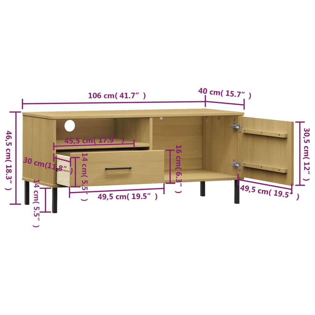 TV Cabinet with Metal Legs Brown Solid Wood Pine "OSLO