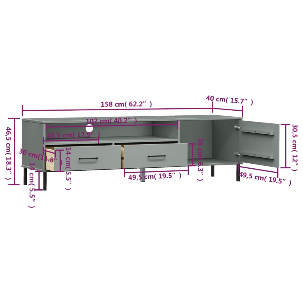 TV Cabinet with Metal Legs Grey Solid Wood Pine "OSLO