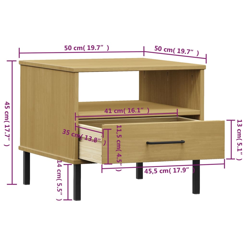 Bedside Table with Metal Legs Brown Solid Wood Pine "OSLO