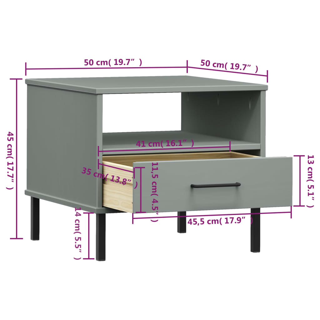 Bedside Table with Metal Legs Grey Solid Wood Pine "OSLO