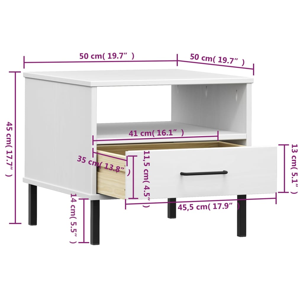 Bedside Table with Metal Legs White Solid Wood Pine "OSLO