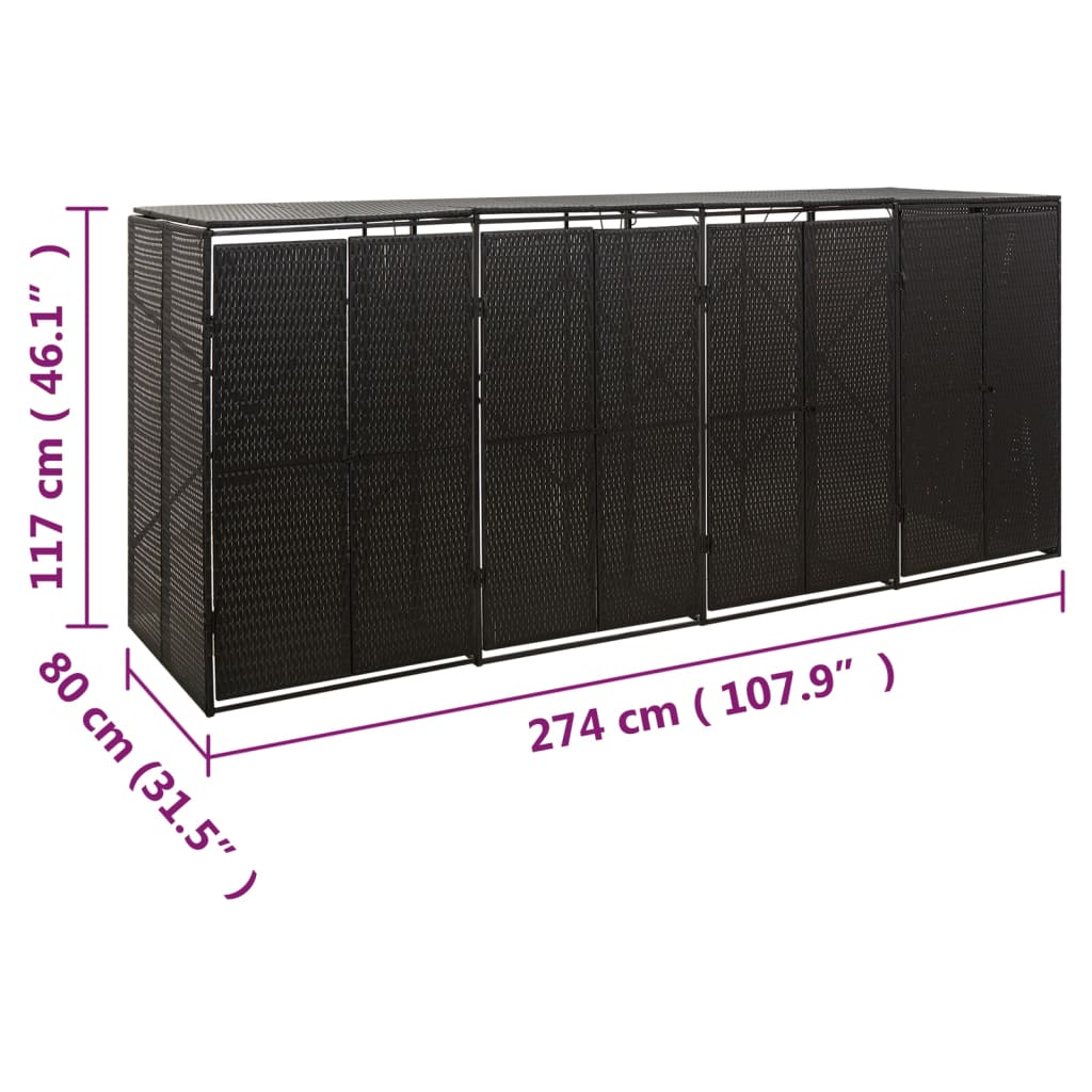 Quadruple Wheelie Bin Shed Black 274x80x117 cm Poly Rattan