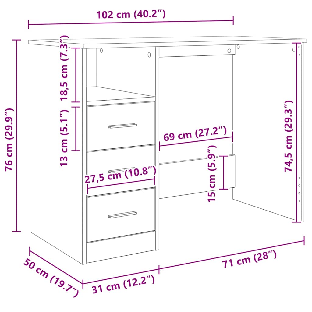 Desk with Drawers Grey Sonoma 102x50x76 cm Engineered Wood