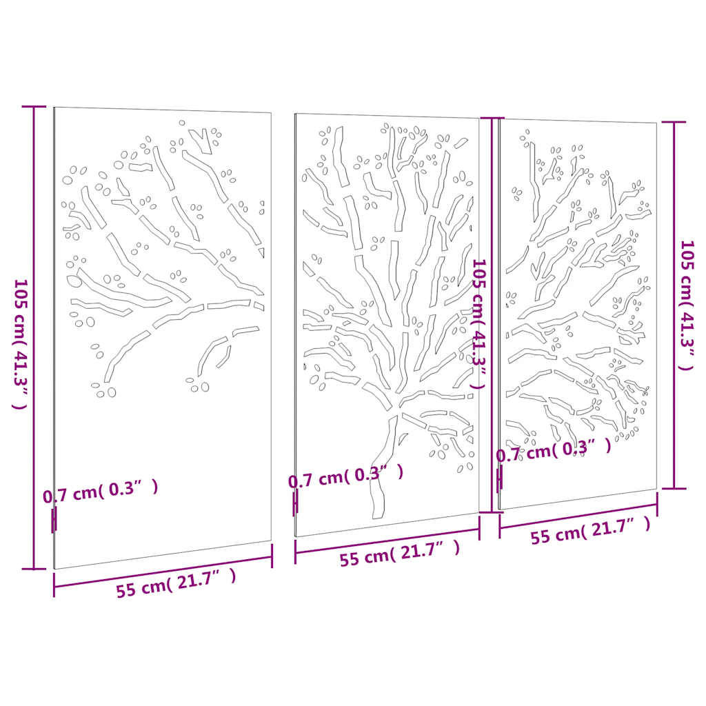 824511 vidaXL Garden Wall Decorations 3 pcs 105x55 cm Corten Steel Tree Design