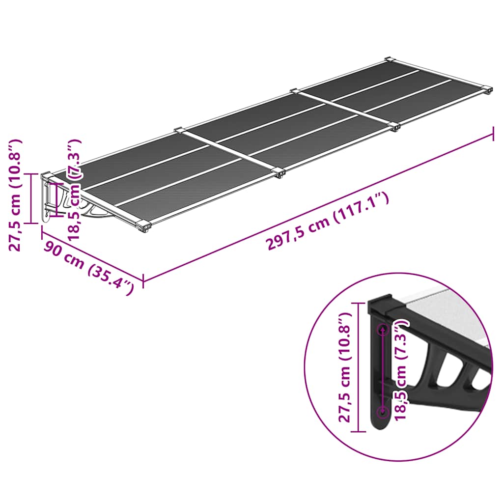 Door Canopy Black and Transparent 297,5x90 cm Polycarbonate