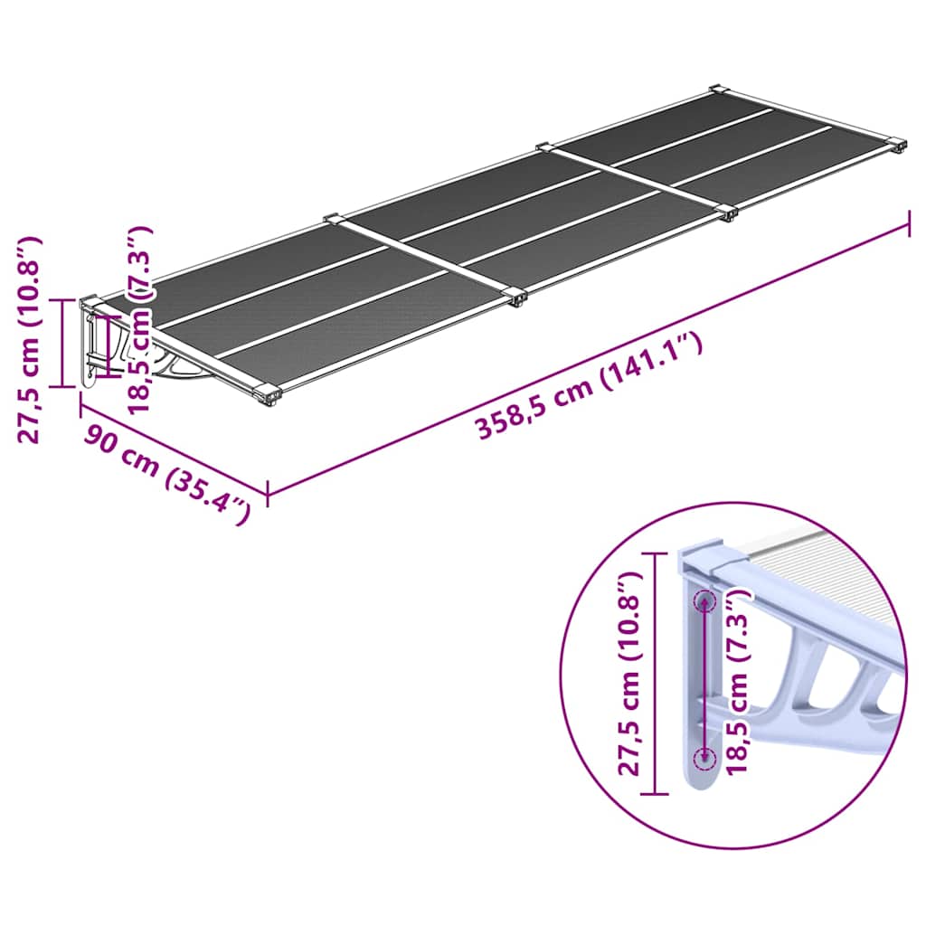Door Canopy Grey and Transparent 358,5x90 cm Polycarbonate