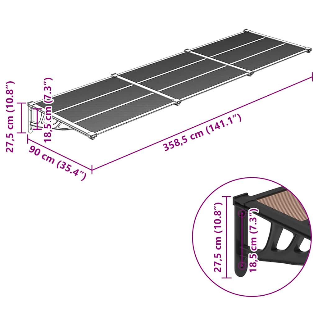 Door Canopy Black 358,5x90 cm Polycarbonate