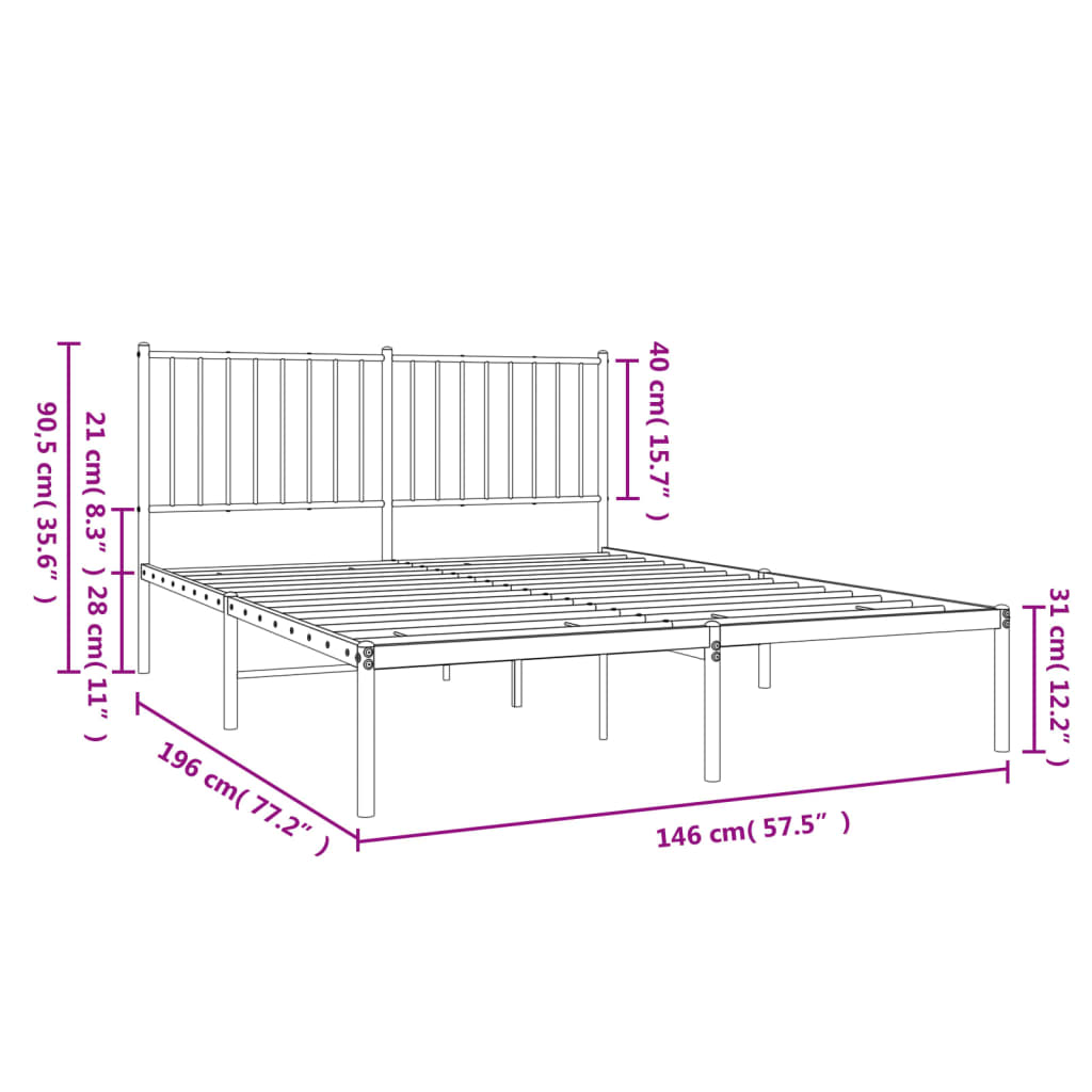 Metal Bed Frame without Mattress with Headboard Black 140x190cm