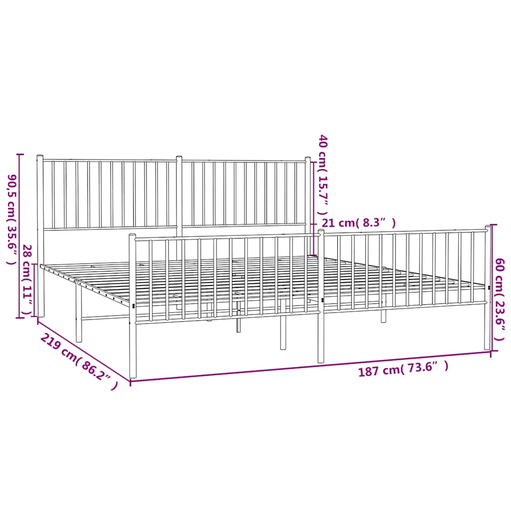 Metal Bed Frame without Mattress with Footboard Black 183x213cm