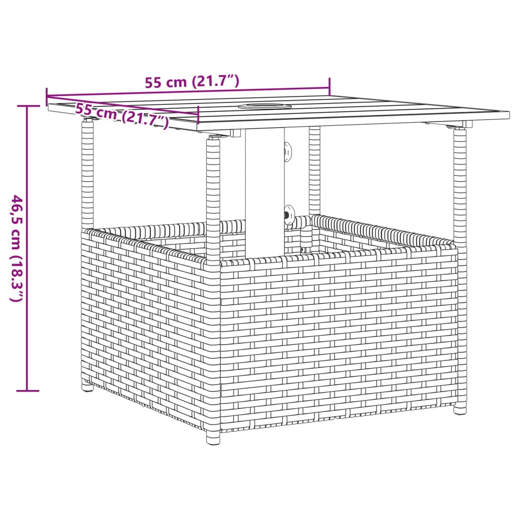 Garden Table with Parasol Hole Brown 55x55x46,5 cm Poly Rattan