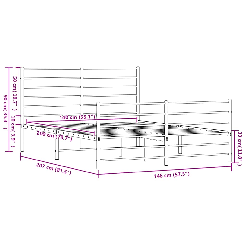 Metal Bed Frame without Mattress with Footboard Black 140x200cm