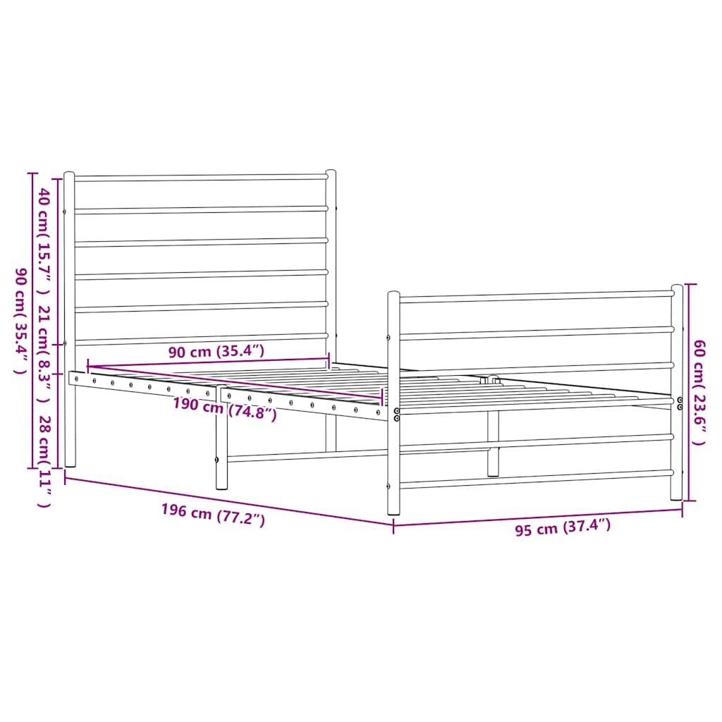 Metal Bed Frame without Mattress with Footboard White 90x190cm