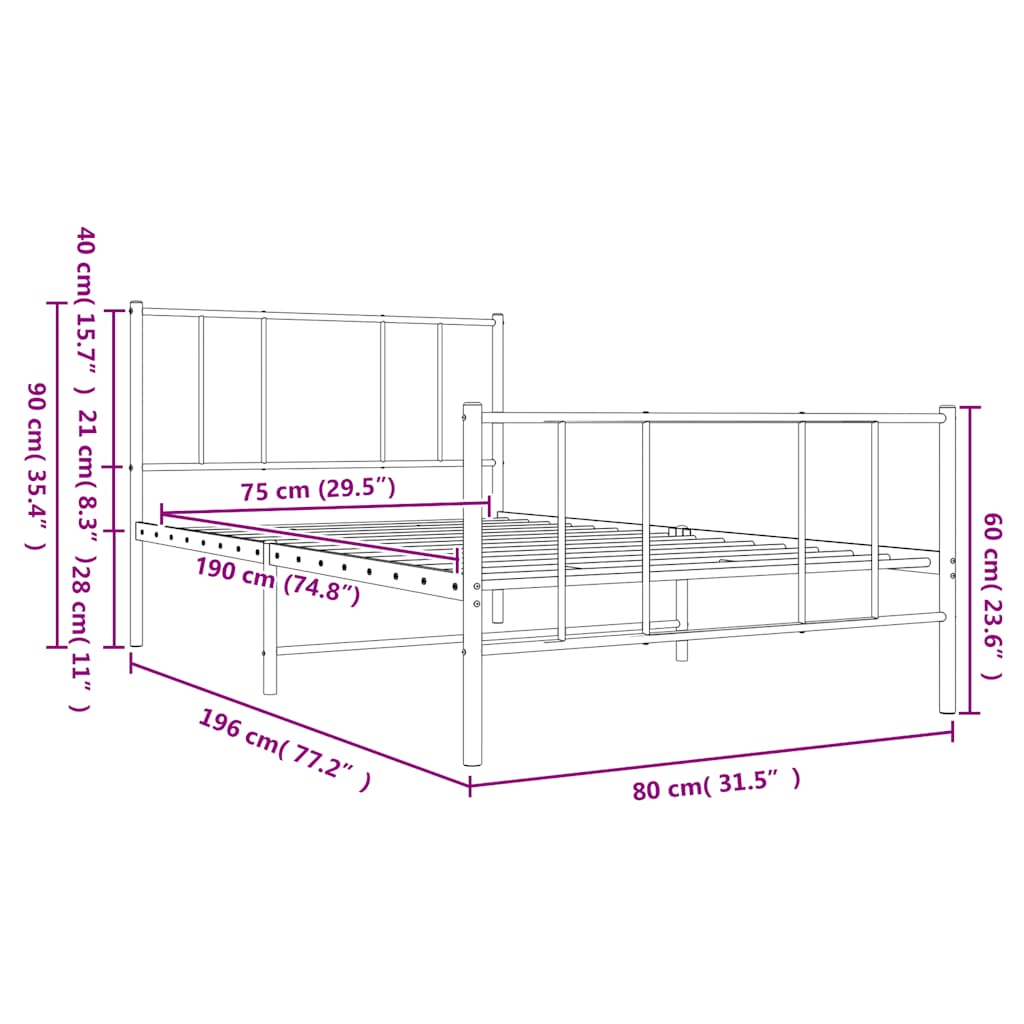 Metal Bed Frame without Mattress with Footboard Black 75x190cm