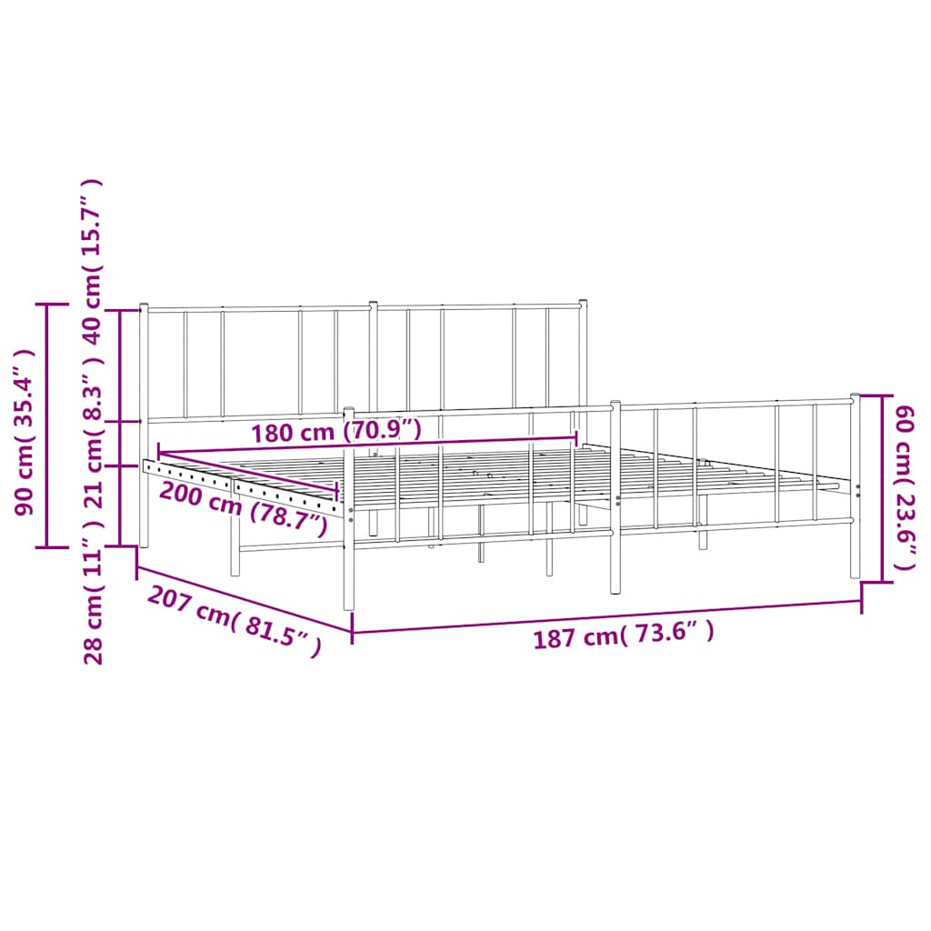Metal Bed Frame without Mattress with Footboard White 180x200cm