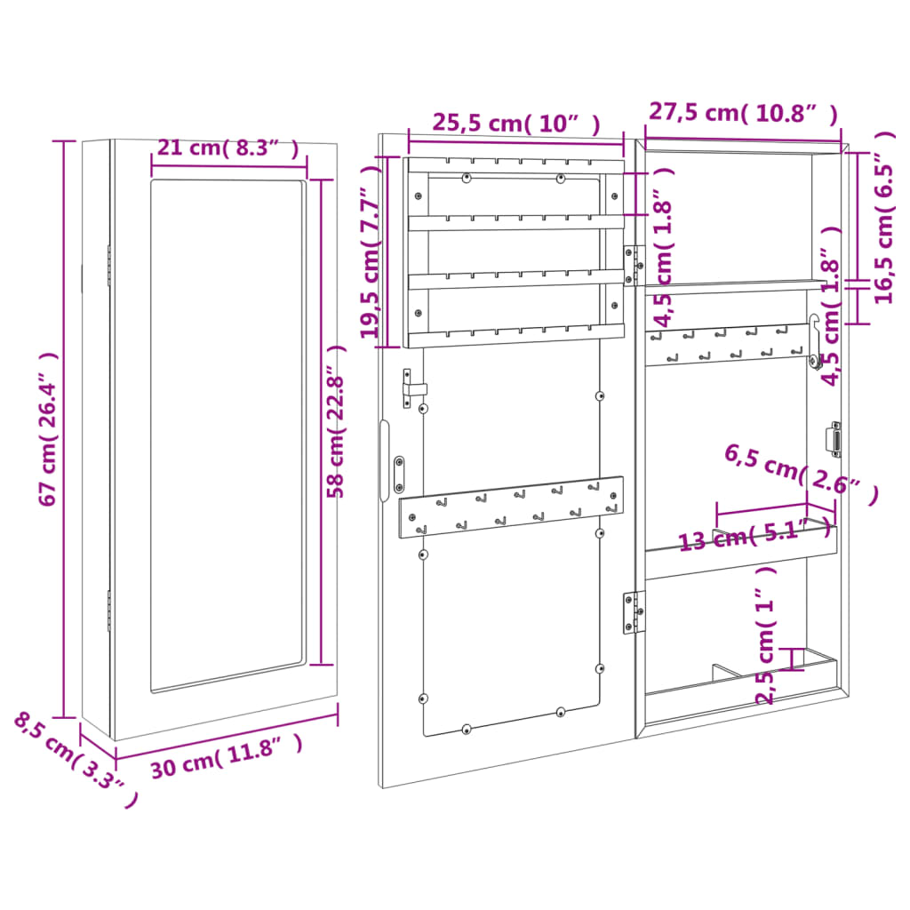 Mirror Jewellery Cabinet Wall Mounted Black 30x8,5x67 cm
