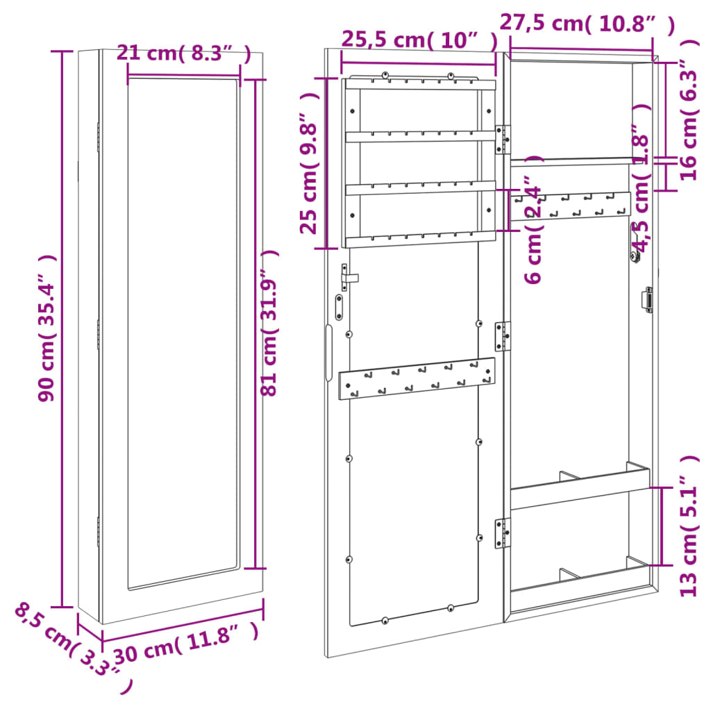 Mirror Jewellery Cabinet Wall Mounted White 30x8,5x90 cm