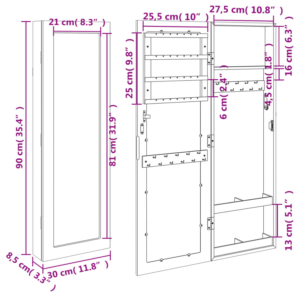 Mirror Jewellery Cabinet Wall Mounted Black 30x8,5x90 cm