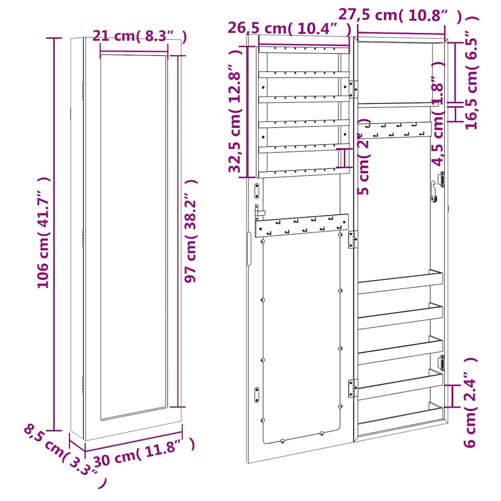 Mirror Jewellery Cabinet Wall Mounted White 30x8,5x106 cm